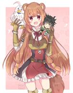 artist:najimi_sensei character:filo_(filolial_form)_(tate_no_yuusha_no_nariagari) character:filo_(tate_no_yuusha_no_nariagari) character:iwatani_naofumi character:raphtalia copyright:tate_no_yuusha_no_nariagari general:1boy general:2girls general::d general:animal_ear_fluff general:animal_ears general:arm_guards general:armor general:artist_name general:beak general:belt general:bird general:bird_wings general:black_hair general:blue_eyes general:boots general:border general:brown_belt general:brown_footwear general:brown_gloves general:brown_hair general:cape general:chibi general:chibi_on_shoulder general:cowboy_shot general:dress general:elbow_gloves general:frown general:fur-trimmed_cape general:fur-trimmed_gloves general:fur_trim general:gloves general:green_armor general:green_cape general:hair_tubes general:hands_up general:heart general:high_collar general:knee_boots general:long_hair general:long_sleeves general:looking_at_viewer general:messy_hair general:multiple_girls general:neck_ribbon general:open_mouth general:outside_border general:pink_background general:raccoon_ears general:raccoon_girl general:raccoon_tail general:red_eyes general:red_ribbon general:ribbon general:shield general:short_dress general:sidelocks general:smile general:standing general:tail general:talons general:white_border general:wings meta:commentary meta:english_commentary meta:highres meta:mixed-language_commentary meta:spanish_commentary technical:grabber // 1393x1762 // 1.5MB