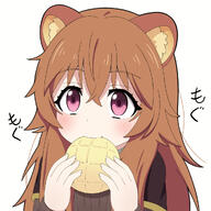 artist:nmudml2 character:raphtalia copyright:tate_no_yuusha_no_nariagari general:1girl general:aged_down general:animal_ear_fluff general:animal_ears general:blush general:bread general:brown_hair general:close-up general:crossed_bangs general:eating general:eyelashes general:flower general:food general:hair_between_eyes general:hair_flower general:hair_ornament general:hands_up general:long_hair general:looking_at_viewer general:melon_bread general:messy_hair general:pink_eyes general:raccoon_ears general:raccoon_girl general:simple_background general:solo general:sound_effects general:tareme general:upturned_eyes general:white_background meta:chinese_commentary meta:commentary_request meta:highres meta:partial_commentary technical:grabber // 1200x1200 // 615.7KB