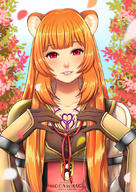 artist:moon_mirage character:raphtalia copyright:tate_no_yuusha_no_nariagari general:1girl general:animal_ears general:armor general:breast_tattoo general:breasts general:brown_gloves general:chest_tattoo general:cleavage general:gloves general:hair_over_shoulder general:lips general:long_hair general:long_sleeves general:looking_at_viewer general:medium_breasts general:orange_hair general:pauldrons general:petals general:popped_collar general:raccoon_ears general:raccoon_girl general:red_eyes general:shoulder_armor general:sidelocks general:single_pauldron general:slave_tattoo general:smile general:solo general:tattoo meta:commentary technical:grabber // 750x1061 // 714.2KB