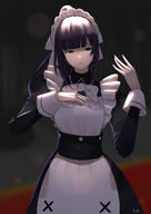 character:narberal_gamma copyright:overlord_(maruyama) general:1girl general:apron general:bangs general:black_dress general:black_eyes general:black_hair general:blunt_bangs general:breasts general:closed_mouth general:dress general:eyebrows_visible_through_hair general:female general:gloves general:hands_up general:long_hair general:long_sleeves general:lrig0 general:maid general:maid_apron general:maid_headdress general:pixiv_id_13847032 general:ponytail general:puffy_sleeves general:solo general:standing general:tied_hair general:wrist_cuffs medium:high_resolution medium:simple_background medium:very_high_resolution tagme technical:grabber // 2480x3507 // 923.5KB