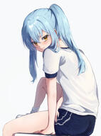 artist:chocoeiru character:rimuru_tempest copyright:tensei_shitara_slime_datta_ken general:1other general:alternate_costume general:alternate_hairstyle general:androgynous general:blue_hair general:blue_shorts general:blush general:closed_mouth general:foot_out_of_frame general:from_behind general:gym_shirt general:gym_shorts general:gym_uniform general:knee_up general:long_hair general:looking_at_viewer general:looking_back general:ponytail general:shirt general:shoes general:short_sleeves general:shorts general:sidelocks general:simple_background general:sitting general:smile general:sneakers general:socks general:solo general:white_background general:white_footwear general:white_shirt general:white_socks general:yellow_eyes meta:absurdres meta:highres technical:grabber // 2306x3119 // 3.0MB