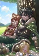 artist:kazuyan character:firo_(tate_no_yuusha_no_nariagari) character:iwatani_naofumi character:raphtalia copyright:tate_no_yuusha_no_nariagari general:1boy general:2girls general:animal_ears general:arm_support general:armor general:belt general:black_belt general:black_hair general:blonde_hair general:blue_dress general:blue_sky general:boots general:breastplate general:breasts general:brown_gloves general:brown_hair general:brown_shirt general:cape general:closed_eyes general:cloud general:day general:dress general:feathered_wings general:feet_out_of_frame general:fur-trimmed_boots general:fur-trimmed_cape general:fur-trimmed_gloves general:fur_trim general:gloves general:grass general:green_cape general:green_eyes general:green_pants general:interlocked_fingers general:juliet_sleeves general:light_smile general:long_hair general:long_sleeves general:medium_breasts general:mountain general:multiple_girls general:neck_ribbon general:outdoors general:own_hands_together general:pants general:puffy_sleeves general:raccoon_ears general:raccoon_girl general:red_ribbon general:ribbon general:shirt general:sitting general:sky general:sleeping general:tree general:upper_body general:white_wings general:wings meta:absurdres meta:commentary_request meta:highres technical:grabber // 2894x4093 // 8.4MB