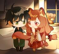 artist:dice657523 character:iwatani_naofumi character:raph-chan character:raphtalia copyright:tate_no_yuusha_no_nariagari general:1boy general:1girl general:animal_ears general:black_footwear general:black_hair general:blush general:brown_hair general:chibi general:geta general:green_eyes general:green_pants general:green_shirt general:hair_tubes general:hakama general:hakama_skirt general:hand_to_own_mouth general:indoors general:japanese_clothes general:kosode general:long_hair general:long_sleeves general:looking_at_viewer general:miko general:night general:on_bed general:pants general:pillow general:raccoon_ears general:raccoon_girl general:raccoon_tail general:red_eyes general:red_hakama general:shield general:shirt general:short_hair general:sitting general:skirt general:smile general:socks general:stuffed_animal general:stuffed_toy general:tail general:white_socks general:window meta:absurdres meta:commentary_request meta:highres technical:grabber // 2600x2400 // 620.2KB