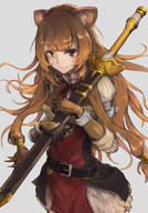 artist:ico6 character:raphtalia copyright:tate_no_yuusha_no_nariagari general:1girl general:animal_ears general:armor general:belt general:breastplate general:brown_hair general:cuffs general:dress general:grey_background general:hair_tubes general:holding general:holding_sword general:holding_weapon general:long_hair general:long_sleeves general:looking_at_viewer general:puffy_long_sleeves general:puffy_sleeves general:raccoon_ears general:raccoon_girl general:raccoon_tail general:short_dress general:simple_background general:smile general:solo general:sword general:tail general:very_long_hair general:weapon meta:absurdres meta:commentary_request meta:highres technical:grabber // 2217x3181 // 4.1MB