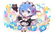 character:chomusuke character:rem_(re:zero) copyright:crash_fever copyright:isekai_quartet copyright:kono_subarashii_sekai_ni_shukufuku_wo! copyright:re:zero_kara_hajimeru_isekai_seikatsu general:1girl general:2girls general:anime_coloring general:apron general:aqua_eyes general:aqua_flower general:aqua_hair general:aqua_petals general:artist_request general:black_bow general:black_cat general:black_corset general:black_footwear general:black_ribbon general:black_skirt general:black_wings general:blunt_bangs general:blunt_ends general:blush general:bow general:breasts general:cat general:chibi general:chibi_only general:corset general:cross general:crossover general:detached_collar general:eyelashes general:familiar general:flower general:flower_knot general:frilled_apron general:frilled_skirt general:frilled_sleeves general:frills general:full_body general:hair_ornament general:hexagon general:honeycomb_(pattern) general:in-franchise_crossover general:juliet_sleeves general:lace-trimmed_collar general:lace_trim general:light_particles general:long_sleeves general:medium_breasts general:multiple_girls general:neck_ribbon general:official_art general:official_style general:open_hands general:open_mouth general:outline general:petticoat general:pink_ribbon general:puffy_sleeves general:red_outline general:ribbon general:roswaal_mansion_maid_uniform general:short_hair general:skirt general:smile general:solid_oval_eyes general:solo general:star_(symbol) general:tachi-e general:teeth general:thighhighs general:transparent_background general:triangle_mouth general:two-tone_headdress general:underbust general:white_apron general:white_bow general:white_thighhighs general:wide_sleeves general:wings general:x_hair_ornament general:yellow_eyes meta:flower_request meta:game_cg technical:grabber // 1300x800 // 271.1KB