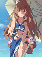 artist:chiharu_(9654784) character:raphtalia copyright:tate_no_yuusha_no_nariagari general:1girl general:animal_ear_fluff general:animal_ears general:belt general:bikini general:blue_bikini general:blue_sky general:blunt_bangs general:breasts general:bridal_garter general:brown_hair general:cloud general:day general:long_hair general:looking_at_viewer general:medium_breasts general:parasol general:raccoon_ears general:raccoon_girl general:raccoon_tail general:red_eyes general:sky general:smile general:solo general:swimsuit general:tail general:umbrella meta:commentary_request meta:highres technical:grabber // 1200x1600 // 360.3KB