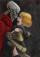 character:ainz_ooal_gown character:clementine_(overlord) copyright:overlord_(maruyama) general:1boy general:1girl general:armor general:blonde_hair general:cape general:crown_of_thorns general:hetero general:hood general:hug general:jewelry general:looking_at_another general:open_mouth general:red_eyes general:ring general:scared general:skeleton metadata:artist_request metadata:highres tagme technical:grabber // 1518x2150 // 5.9MB