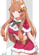 artist:kusubii character:raphtalia copyright:tate_no_yuusha_no_nariagari general:1girl general:animal_ear_fluff general:animal_ears general:bell general:belt general:blunt_bangs general:blush general:bow general:bowtie general:breasts general:brown_belt general:brown_hair general:capelet general:christmas general:cleavage general:closed_mouth general:green_bow general:green_bowtie general:grey_background general:hair_bell general:hair_ornament general:large_breasts general:long_hair general:looking_at_viewer general:midriff general:navel general:pink_eyes general:raccoon_ears general:raccoon_girl general:raccoon_tail general:red_capelet general:smile general:solo general:striped general:striped_bow general:striped_bowtie general:tail general:two-tone_background general:white_background meta:commentary meta:english_commentary meta:highres technical:grabber // 848x1200 // 656.2KB