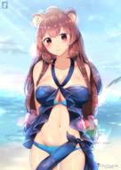 artist:chinchongcha character:raphtalia copyright:tate_no_yuusha_no_nariagari general:1girl general:animal_ears general:arms_behind_back general:artist_name general:beach general:bikini general:blue_bikini general:blue_sky general:blurry general:blurry_background general:breasts general:brown_hair general:cleavage general:closed_mouth general:collarbone general:cowboy_shot general:criss-cross_halter general:day general:flower general:groin general:hair_flower general:hair_ornament general:halterneck general:head_tilt general:high_ponytail general:large_breasts general:long_hair general:looking_at_viewer general:navel general:ocean general:outdoors general:pink_flower general:raccoon_ears general:raccoon_girl general:red_eyes general:sky general:solo general:standing general:sweatdrop general:swimsuit general:thigh_gap general:twintails general:very_long_hair meta:bad_id meta:bad_pixiv_id meta:derivative_work meta:highres technical:grabber // 1500x2121 // 2.4MB