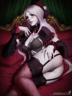 artist:themaestronoob character:shalltear_bloodfallen copyright:overlord_(maruyama) general:1girl general:bed_sheet general:black_bow general:black_choker general:black_sleeves general:bow general:breasts general:brown_thighhighs general:choker general:colored_skin general:curtains general:detached_sleeves general:fingernails general:frilled_sleeves general:frills general:garter_straps general:grey_hair general:grey_panties general:grey_skin general:hair_bow general:hand_up general:large_breasts general:long_hair general:long_sleeves general:lying general:on_side general:panties general:parted_lips general:pillow general:red_bow general:red_eyes general:red_ribbon general:ribbon general:sharp_fingernails general:skindentation general:smile general:solo general:striped_bow general:thighhighs general:underwear general:watermark general:web_address meta:highres technical:grabber // 1500x2000 // 493.7KB