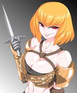 artist:mimizu_(tokagex) character:clementine_(overlord) copyright:overlord_(maruyama) general:1girl general:armor general:bandeau general:blonde_hair general:breasts general:cleavage general:dagger general:gauntlets general:large_breasts general:looking_at_viewer general:parted_lips general:red_eyes general:short_hair general:smile general:solo general:weapon meta:highres tagme technical:grabber // 1000x1200 // 526.9KB