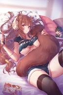 artist:mitsu_(mitsu_art) character:iwatani_naofumi character:kochou_shinobu character:raphtalia copyright:kimetsu_no_yaiba copyright:tate_no_yuusha_no_nariagari general:1girl general:alternate_costume general:animal_ears general:black_thighhighs general:blurry general:blurry_background general:breasts general:brown_hair general:casual general:character_doll general:chibi general:closed_mouth general:crop_top general:cutoffs general:denim general:denim_shorts general:depth_of_field general:digital_media_player general:dutch_angle general:headphones general:hugging_own_tail general:hugging_tail general:jewelry general:large_breasts general:long_hair general:low-tied_long_hair general:lying general:manga_(object) general:no_bra general:on_back general:purple_eyes general:raccoon_ears general:raccoon_girl general:ring general:short_shorts general:shorts general:sidelocks general:smile general:solo general:tail general:thighhighs general:underboob general:very_long_hair meta:absurdres meta:highres meta:paid_reward meta:patreon_reward meta:photoshop_(medium) technical:grabber // 2760x4096 // 9.5MB