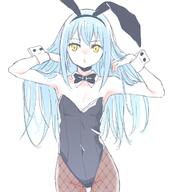 artist:mizuki_riko character:rimuru_tempest copyright:tensei_shitara_slime_datta_ken general:1other general:alternate_costume general:androgynous general:animal_ears general:bare_shoulders general:black_bow general:black_bowtie general:black_leotard general:blue_eyes general:bow general:bowtie general:brown_pantyhose general:covered_navel general:cowboy_shot general:detached_collar general:fake_animal_ears general:fishnet_pantyhose general:fishnets general:flat_chest general:hands_up general:highleg general:highleg_leotard general:leotard general:long_hair general:pantyhose general:playboy_bunny general:rabbit_ears general:simple_background general:solo general:standing general:strapless general:strapless_leotard general:white_background general:white_wrist_cuffs general:wing_collar general:wrist_cuffs general:yellow_eyes meta:commentary_request meta:english_commentary meta:mixed-language_commentary technical:grabber // 600x663 // 228.9KB