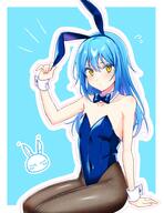 artist:abbbikun character:rimuru_tempest copyright:tensei_shitara_slime_datta_ken general:1girl general:1other general:animal_costume general:animal_ear_fluff general:blue_bow general:blue_hair general:blush general:bow general:bowtie general:collarbone general:colored_eyelashes general:detached_collar general:fishnets general:flat_chest general:hair_between_eyes general:leotard general:long_hair general:looking_at_viewer general:playboy_bunny general:rabbit_ears general:sitting general:slime_(creature) general:wrist_cuffs general:yellow_eyes meta:highres technical:grabber // 1580x2048 // 408.4KB