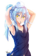 artist:villyane character:rimuru_tempest copyright:tensei_shitara_slime_datta_ken general:1other general:androgynous general:armpits general:arms_up general:bare_arms general:bare_shoulders general:black_shirt general:blue_hair general:blush general:closed_eyes general:closed_mouth general:collarbone general:colored_eyelashes general:creature_on_head general:dual_persona general:hair_between_eyes general:hair_tie general:hair_tie_in_mouth general:long_hair general:mouth_hold general:on_head general:ponytail general:shirt general:sidelocks general:signature general:sleeveless general:sleeveless_shirt general:slime_(creature) general:slime_on_head general:tying_hair general:upper_body general:yellow_eyes meta:commentary_request technical:grabber // 661x935 // 396.8KB