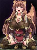 artist:militia_minpei character:raphtalia copyright:tate_no_yuusha_no_nariagari general:1girl general:animal_ear_fluff general:animal_ears general:belt general:blush general:boots general:breast_tattoo general:breasts general:brown_belt general:brown_eyes general:brown_footwear general:brown_gloves general:brown_hair general:chest_tattoo general:cleavage general:gloves general:knee_boots general:large_breasts general:long_hair general:open_mouth general:raccoon_ears general:raccoon_girl general:raccoon_tail general:slave_tattoo general:solo general:spread_legs general:squatting general:tail general:tattoo general:tiptoes meta:highres technical:grabber // 1114x1500 // 306.7KB