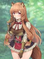 artist:jirafuru character:raphtalia copyright:tate_no_yuusha_no_nariagari general:1girl general:animal_ears general:arm_guards general:belt general:belt_buckle general:blunt_bangs general:breasts general:brown_hair general:buckle general:cowboy_shot general:dress general:finger_to_mouth general:frilled_dress general:frills general:gloves general:hair_between_eyes general:lace-up_top general:large_breasts general:leather general:leather_gloves general:long_hair general:long_sleeves general:looking_at_viewer general:multicolored_clothes general:multicolored_dress general:neck_ribbon general:outdoors general:popped_collar general:raccoon_ears general:raccoon_girl general:raccoon_tail general:red_eyes general:red_ribbon general:ribbon general:short_dress general:sidelocks general:smile general:solo general:tail meta:absurdres meta:highres technical:grabber // 2000x2624 // 607.8KB