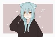 artist:fu_ku1_437 character:rimuru_tempest copyright:tensei_shitara_slime_datta_ken general:1other general:androgynous general:animal_ears general:black_sweater general:blue_hair general:cat_ears general:closed_mouth general:collarbone general:grey_background general:hair_between_eyes general:heart general:hood general:hood_down general:hooded_sweater general:long_hair general:looking_away general:other_focus general:solo general:sweater general:upper_body general:white_background general:yellow_eyes meta:commentary_request technical:grabber // 977x666 // 179.7KB