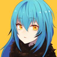 artist:sakusan_yousoeki character:rimuru_tempest copyright:tensei_shitara_slime_datta_ken general:1other general:androgynous general:blue_hair general:fur_collar general:fur_scarf general:hair_between_eyes general:long_hair general:looking_at_viewer general:open_mouth general:portrait general:scarf general:simple_background general:solo general:yellow_background general:yellow_eyes meta:commentary_request technical:grabber // 800x800 // 446.2KB