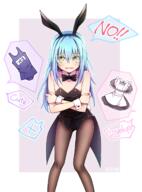 artist:kotorimyuu character:rimuru_tempest copyright:tensei_shitara_slime_datta_ken general:1other general:androgynous general:animal_ears general:black_bow general:black_bowtie general:black_hairband general:black_leotard general:blue_hair general:bow general:bowtie general:collarbone general:crossed_arms general:detached_collar general:embarrassed general:flat_chest general:hairband general:leotard general:long_hair general:looking_at_viewer general:pantyhose general:playboy_bunny general:rabbit_ears general:rabbit_tail general:solo general:speech_bubble general:standing general:straight_hair general:strapless general:strapless_leotard general:tail general:very_long_hair general:wrist_cuffs meta:highres technical:grabber // 1200x1627 // 1.2MB