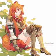 artist:minami_seira character:raphtalia copyright:tate_no_yuusha_no_nariagari general:1girl general:animal_ear_fluff general:animal_ears general:arm_cuffs general:armor general:artist_name general:black_dress general:boots general:breastplate general:breasts general:brown_footwear general:brown_gloves general:closed_mouth general:colored_tips general:cuffs general:dress general:full_body general:fur-trimmed_footwear general:fur-trimmed_gloves general:fur_trim general:gloves general:hand_on_own_knee general:high_collar general:high_heels general:leather general:leather_footwear general:leather_gloves general:long_hair general:medium_breasts general:multicolored_clothes general:multicolored_dress general:multicolored_hair general:neck_ribbon general:on_floor general:orange_hair general:pauldrons general:raccoon_ears general:raccoon_girl general:raccoon_tail general:red_dress general:red_eyes general:red_hair general:red_ribbon general:ribbed_dress general:ribbon general:shoulder_armor general:sitting general:solo general:tail general:thigh_boots general:white_background general:white_dress meta:commentary_request meta:highres technical:grabber // 1500x1500 // 223.5KB