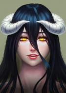 artist:darkmuleth character:albedo copyright:overlord_(maruyama) general:1girl general:black_hair general:collarbone general:demon_girl general:demon_horns general:eyebrows general:eyelashes general:face general:hair_between_eyes general:horns general:lips general:long_hair general:looking_at_viewer general:neck general:nose general:parted_lips general:reflective_eyes general:signature general:simple_background general:slit_pupils general:solo general:teeth general:yellow_eyes meta:absurdres meta:highres tagme technical:grabber // 1748x2480 // 3.7MB