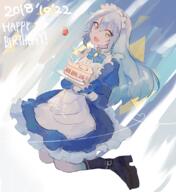 artist:sakusan_yousoeki character:rimuru_tempest copyright:tensei_shitara_slime_datta_ken general:1other general:androgynous general:apron general:blue_hair general:boots general:cake general:cake_slice general:falling general:food general:hair_between_eyes general:long_hair general:long_sleeves general:looking_at_viewer general:maid general:maid_apron general:maid_headdress general:open_mouth general:simple_background general:smile general:solo general:yellow_eyes technical:grabber // 1013x1107 // 761.1KB