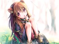 artist:chii_com character:raphtalia copyright:tate_no_yuusha_no_nariagari general:1girl general:animal_ears general:backlighting general:blurry general:blurry_foreground general:boots general:brown_footwear general:brown_hair general:child general:collar general:dress general:hair_between_eyes general:hair_tubes general:head_tilt general:layered_sleeves general:long_hair general:long_sleeves general:looking_at_viewer general:open_mouth general:outdoors general:raccoon_ears general:raccoon_girl general:red_eyes general:short_dress general:short_over_long_sleeves general:short_sleeves general:sitting general:solo general:very_long_hair meta:highres technical:grabber // 1600x1200 // 1.8MB