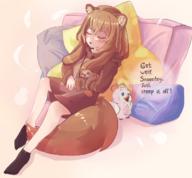 artist:se1ested character:firo_(tate_no_yuusha_no_nariagari) character:raphtalia copyright:tate_no_yuusha_no_nariagari general:1girl general:alternate_costume general:animal_ear_fluff general:animal_ears general:bare_legs general:black_socks general:blush general:brown_hair general:brown_hoodie general:child general:closed_eyes general:drawstring general:english_text general:feathers general:full_body general:hair_between_eyes general:holding general:holding_stuffed_toy general:hood general:hood_down general:hoodie general:long_hair general:long_sleeves general:lying general:on_back general:open_mouth general:pillow general:raccoon_ears general:raccoon_girl general:raccoon_tail general:short_socks general:sidelocks general:sleeping general:socks general:solo general:star_pillow general:stuffed_sloth general:stuffed_toy general:tail general:white_feathers meta:commission meta:english_commentary technical:grabber // 1236x1147 // 1.2MB