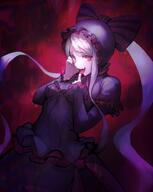 artist:otsukemono character:shalltear_bloodfallen copyright:overlord_(maruyama) general:1girl general:black_bow general:black_dress general:bow general:breasts general:cowboy_shot general:dress general:fang general:fingernails general:frills general:grey_hair general:hair_bow general:hands_up general:hood general:hood_up general:long_hair general:long_sleeves general:medium_breasts general:nail_polish general:neck_ribbon general:red_background general:red_eyes general:red_nails general:red_ribbon general:ribbon general:sharp_fingernails general:sidelocks general:smile general:striped_bow general:teeth general:tongue general:tongue_out general:upper_teeth_only meta:highres technical:grabber // 1500x1887 // 3.8MB