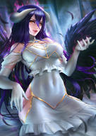 artist:nudtawut_thongmai character:albedo copyright:madhouse copyright:overlord_(maruyama) general:aura general:bare_shoulders general:black_wings general:blush general:breasts general:covered_navel general:demon_girl general:detached_collar general:dress general:elbow_gloves general:feather_(feathers) general:fringe general:girl general:gloves general:hair_between_eyes general:highres general:horn_(horns) general:light_erotic general:looking_at_viewer general:open_mouth general:purple_hair general:realistic general:single general:sitting general:slit_pupils general:tall_image general:teeth general:very_long_hair general:white_dress general:white_gloves general:wings general:yellow_eyes tagme technical:grabber // 2480x3508 // 4.5MB