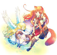 artist:aiya_kyuu character:firo_(tate_no_yuusha_no_nariagari) character:raphtalia copyright:tate_no_yuusha_no_nariagari general:2girls general:animal_ears general:bird_wings general:blonde_hair general:boots general:brown_footwear general:cross-laced_footwear general:feathered_wings general:lace-up_boots general:long_hair general:multiple_girls general:orange_hair general:raccoon_ears general:raccoon_girl general:raccoon_tail general:red_eyes general:sheep general:tail general:thigh_boots general:thighhighs general:very_long_hair general:white_wings general:wings meta:commentary_request technical:grabber // 1000x953 // 171.0KB