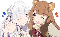 artist:umanosuke character:emilia_(re:zero) character:raphtalia copyright:isekai_quartet copyright:re:zero_kara_hajimeru_isekai_seikatsu copyright:tate_no_yuusha_no_nariagari d general: general:2girls general:animal_ear_fluff general:animal_ears general:bangs general:blunt_bangs general:brown_gloves general:brown_hair general:closed_mouth general:crossover general:elf general:eyebrows_visible_through_hair general:gloves general:hair_ornament general:heart general:long_hair general:looking_at_viewer general:multiple_girls general:one_eye_closed general:open_mouth general:pointy_ears general:purple_eyes general:raccoon_ears general:raccoon_girl general:simple_background general:smile general:teeth general:upper_body general:upper_teeth general:v general:white_background meta:commentary_request tagme technical:grabber // 1200x750 // 489.9KB