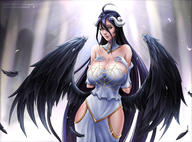 artist:aramey character:albedo copyright:overlord_(maruyama) general:1girl general:bare_shoulders general:black_feathers general:black_hair general:black_wings general:breasts general:cleavage general:demon_girl general:demon_horns general:detached_collar general:deviantart_username general:dress general:feathered_wings general:gloves general:hair_between_eyes general:hand_on_breasts general:horns general:indoors general:jewelry general:large_breasts general:long_hair general:looking_at_viewer general:ring general:simple_background general:smile general:solo general:standing general:very_long_hair general:watermark general:web_address general:white_dress general:white_gloves general:wings general:yellow_eyes meta:highres tagme technical:grabber // 1920x1417 // 458.3KB