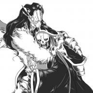 character:ainz_ooal_gown character:peroroncino copyright:overlord_(maruyama) general:2boys general:armor general:bird general:black_hair general:blush general:collar general:eyes_closed general:gauntlets general:hood general:hug general:long_hair general:mask general:multiple_boys general:robe general:simple_background general:skeleton general:sweat general:wings metadata:artist_request metadata:highres metadata:monochrome tagme technical:grabber // 1400x1400 // 1.8MB