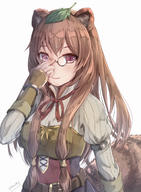 artist:hikari_niji character:futatsuiwa_mamizou character:raphtalia copyright:tate_no_yuusha_no_nariagari copyright:touhou general:1girl general:adjusting_eyewear general:animal_ear_fluff general:animal_ears general:arm_guards general:belt general:belt_buckle general:breasts general:brown-framed_eyewear general:brown_belt general:brown_eyes general:brown_hair general:buckle general:closed_mouth general:collared_shirt general:cosplay general:glasses general:grey_shirt general:hair_between_eyes general:hand_up general:juliet_sleeves general:leaf general:leaf_on_head general:long_hair general:long_sleeves general:looking_at_viewer general:neck_ribbon general:pince-nez general:puffy_sleeves general:raccoon_ears general:raccoon_girl general:raccoon_tail general:raphtalia_(cosplay) general:red_ribbon general:ribbed_shirt general:ribbon general:shirt general:simple_background general:small_breasts general:smile general:solo general:tail general:trait_connection general:twitter_username general:upper_body general:very_long_hair general:white_background meta:commentary meta:highres technical:grabber // 953x1300 // 796.5KB