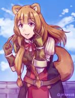 artist:pruwuee character:raphtalia copyright:tate_no_yuusha_no_nariagari general:1girl general:animal_ear_fluff general:animal_ears general:armor general:artist_name general:belt general:black_dress general:blue_sky general:blunt_bangs general:breastplate general:brown_belt general:brown_gloves general:brown_hair general:cloud general:cloudy_sky general:cowboy_shot general:day general:dress general:elbow_gloves general:floating_hair general:gloves general:hands_up general:layered_dress general:leather_armor general:leather_belt general:long_hair general:metal_arm_cuffs general:metal_hair_tubes general:metal_wrist_cuffs general:neck_ribbon general:outdoors general:parted_lips general:pauldrons general:pointing general:pointing_at_self general:raccoon_ears general:raccoon_girl general:raccoon_tail general:red_dress general:red_eyes general:red_ribbon general:ribbon general:shoulder_armor general:single_pauldron general:sky general:smile general:solo general:standing general:tail general:two-tone_dress general:white_dress meta:commentary meta:english_commentary meta:highres technical:grabber // 990x1286 // 1.4MB