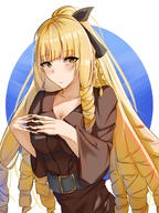 character:rose_oriana copyright:kage_no_jitsuryokusha_ni_naritakute! general:1girl general:alternate_costume general:alternate_hairstyle general:blonde_hair general:blush general:breasts general:cleavage general:drill_hair general:large_breasts general:legs general:long_hair general:ponytail general:smile general:solo general:yellow_eyes meta:highres technical:grabber // 1500x2000 // 885.8KB