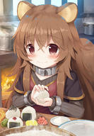 artist:psyche3313 character:raphtalia copyright:tate_no_yuusha_no_nariagari deprecated:pot general:1girl general:animal_ear_fluff general:animal_ears general:blush general:brown_hair general:collar general:crossed_bangs general:cuffs general:fire general:food general:kitchen general:layered_sleeves general:long_hair general:long_sleeves general:metal_collar general:onigiri general:raccoon_ears general:raccoon_tail general:red_eyes general:ribbed_shirt general:shirt general:short_over_long_sleeves general:short_sleeves general:solo general:tail technical:grabber // 809x1169 // 594.9KB