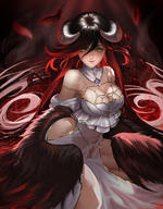 artist:jiazhu character:albedo copyright:madhouse copyright:overlord_(maruyama) general:bare_shoulders general:black_hair general:black_wings general:blush general:breasts general:cleavage general:detached_collar general:dress general:feather_(feathers) general:fringe general:girl general:hair_between_eyes general:horn_(horns) general:large_breasts general:light_erotic general:looking_at_viewer general:low_wings general:multicolored_hair general:red_hair general:single general:slit_pupils general:smile general:smoke general:tall_image general:two-tone_hair general:very_long_hair general:white_dress general:wings general:yellow_eyes tagme technical:grabber // 1000x1283 // 848.5KB