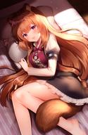 artist:shouu-kun character:raphtalia copyright:tate_no_yuusha_no_nariagari general:1girl general:animal_ears general:artist_name general:bare_legs general:barefoot general:black_skirt general:blush general:brown_hair general:day general:indoors general:long_hair general:long_sleeves general:looking_at_viewer general:lying general:on_bed general:on_side general:open_mouth general:pillow general:pink_eyes general:raccoon_ears general:raccoon_girl general:raccoon_tail general:skirt general:smile general:solo general:tail general:very_long_hair general:watermark general:wooden_floor meta:commentary meta:highres technical:grabber // 1500x2300 // 399.3KB