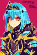 artist:sakusan_yousoeki character:rimuru_tempest copyright:tensei_shitara_slime_datta_ken general:1other general:androgynous general:armor general:blue_hair general:closed_mouth general:crown general:dated general:hair_between_eyes general:long_hair general:looking_at_viewer general:metal general:red_background general:simple_background general:smile general:solo general:tiara general:yellow_eyes technical:grabber // 638x948 // 620.2KB