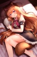 artist:shouu-kun character:raphtalia copyright:tate_no_yuusha_no_nariagari general:1girl general:animal_ears general:artist_name general:bare_legs general:barefoot general:black_skirt general:blush general:brown_hair general:day general:indoors general:long_hair general:long_sleeves general:looking_at_viewer general:lying general:on_bed general:on_side general:open_mouth general:pillow general:pink_eyes general:raccoon_ears general:raccoon_girl general:raccoon_tail general:skirt general:smile general:solo general:tail general:very_long_hair general:watermark general:wooden_floor meta:commentary_request meta:highres technical:grabber // 1500x2300 // 3.0MB