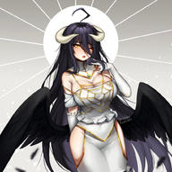 artist:teru_(renkyu) artist:terupancake character:albedo copyright:overlord_(maruyama) general:1girl general:ahoge general:bare_hips general:bare_shoulders general:black_hair general:black_wings general:breasts general:cleavage general:detached_collar general:elbow_gloves general:eyebrows_visible_through_hair general:feathered_wings general:female general:frilled_gloves general:frills general:furrowed_eyebrows general:gem general:gloves general:gold_trim general:gradient general:groin general:hair_between_eyes general:halo general:hand_on_chest general:hand_on_own_chest general:hand_up general:high_collar general:hip_vent general:horns general:jewelry general:large_breasts general:long_hair general:looking_at_viewer general:low_wings general:one_eye_closed general:open_mouth general:ring general:solo general:spread_fingers general:sunburst general:wedding_ring general:white_gloves general:wings general:yellow_eyes medium:gradient_background medium:grey_background tagme technical:grabber // 1000x995 // 207.2KB