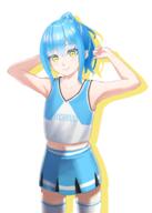 artist:rivele_online character:rimuru_tempest copyright:tensei_shitara_slime_datta_ken general:1other general:alternate_costume general:alternate_hairstyle general:androgynous general:arm_behind_head general:armpits general:blue_hair general:blue_skirt general:blush general:cheerleader general:closed_mouth general:collarbone general:cowboy_shot general:flat_chest general:hair_between_eyes general:high_ponytail general:long_hair general:midriff general:miniskirt general:navel general:pleated_skirt general:simple_background general:skirt general:sleeveless general:solo general:standing general:stomach general:tank_top general:thighhighs general:white_background general:white_thighhighs general:yellow_eyes general:zettai_ryouiki meta:absurdres meta:highres technical:grabber // 2396x3355 // 3.4MB