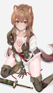 artist:mexif character:raphtalia copyright:tate_no_yuusha_no_nariagari general:1girl general:animal_ear_fluff general:animal_ears general:arm_support general:armor general:blush general:boots general:breasts general:brown_hair general:chest_tattoo general:cleavage general:closed_mouth general:collarbone general:cross-laced_footwear general:elbow_gloves general:gloves general:hand_on_own_chest general:knee_boots general:large_breasts general:long_hair general:long_sleeves general:looking_at_viewer general:on_floor general:partially_unbuttoned general:presenting general:raccoon_ears general:raccoon_girl general:raccoon_tail general:red_ribbon general:ribbed_shirt general:ribbon general:sheath general:sheathed general:shirt general:shoulder_armor general:sitting general:skirt general:slave_tattoo general:solo general:sword general:tail general:tattoo general:thighs general:weapon meta:highres technical:grabber // 1200x2075 // 1.9MB