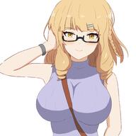 character:rose_oriana copyright:kage_no_jitsuryokusha_ni_naritakute! general:1girl general:alternate_costume general:arm_behind_head general:blonde_hair general:blush general:breasts general:drill_hair general:glasses general:large_breasts general:looking_at_viewer general:shirt general:short_hair general:sleeveless general:sleeveless_shirt general:smile general:solo general:yellow_eyes meta:highres technical:grabber // 2048x2048 // 307.8KB