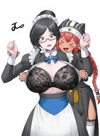 artist:Noorung character:lupusregina_beta character:yuri_alpha copyright:overlord_(maruyama) general:2girls general:apron general:black_bra general:bra general:breasts general:dark-skinned_female general:dark_skin general:glasses general:huge_breasts general:maid_apron general:maid_headdress general:multiple_girls general:open_clothes general:red_hair general:simple_background general:underwear general:white_background meta:highres technical:grabber // 1116x1525 // 830.1KB