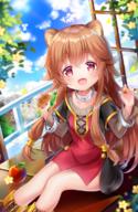 artist:kleune character:raphtalia copyright:tate_no_yuusha_no_nariagari general:1girl general::d general:animal_ears general:apple general:blue_sky general:blurry general:blush general:boots general:brown_footwear general:brown_hair general:cloud general:collarbone general:croissant general:day general:depth_of_field general:dress general:dutch_angle general:flower general:food general:fruit general:grey_shirt general:hair_between_eyes general:head_tilt general:holding general:holding_food general:long_hair general:looking_at_viewer general:open_mouth general:open_window general:outdoors general:raccoon_ears general:raccoon_girl general:red_dress general:red_eyes general:shirt general:shirt_under_dress general:sitting general:sky general:smile general:solo general:tree general:very_long_hair general:window meta:bad_id meta:bad_pixiv_id meta:highres technical:grabber // 783x1200 // 1.2MB