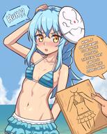 artist:moumoonke character:rimuru_tempest copyright:tensei_shitara_slime_datta_ken general:1other general:beach general:bikini general:blue_bikini general:blue_hair general:blush general:english_text general:frilled_bikini general:frills general:hair_between_eyes general:long_hair general:navel general:ocean general:open_mouth general:outdoors general:ponytail general:swimsuit general:yellow_eyes meta:absurdres meta:highres technical:grabber // 2000x2500 // 506.7KB